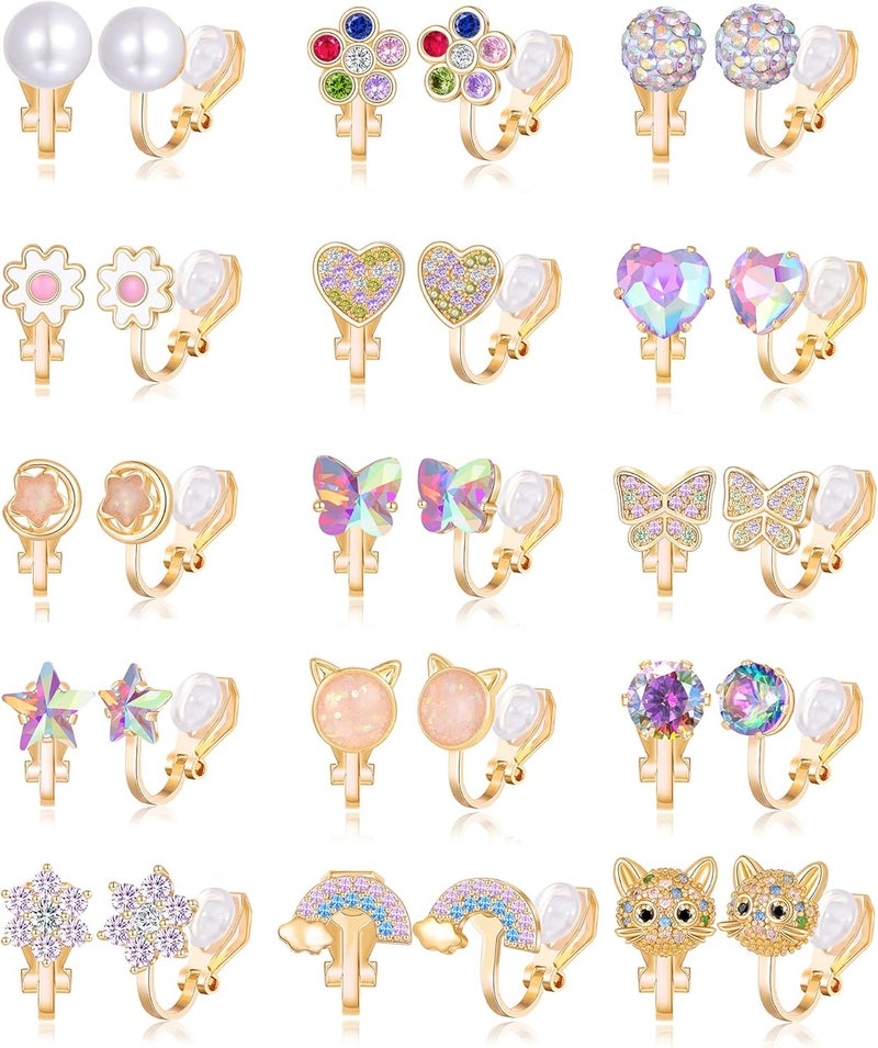 Tornito 10-15 Pairs Clip on Stud Earrings Non Pierced Teardrop Round Square CZ Pearl Twist Knot Flower Butterfly Heart Star Rainbow Cat Opal Clip on Earrings for Women - Image 1
